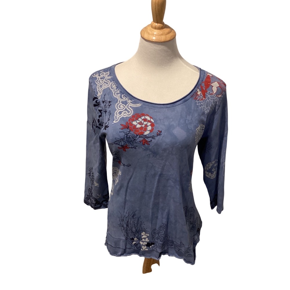Glima Womens XL Blue Floral Graphic 3/4 Sleeve Cotton Top Made in‎ USA